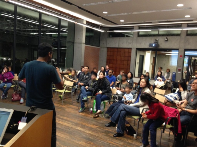 AlligatorZone, which offers entrepreneurial decision making curriculum to schools, featured entrepreneur Vinit Patil with his startup The Pricerie, at Palo Alto's Rinconada Library, on Feb 27, 2015.