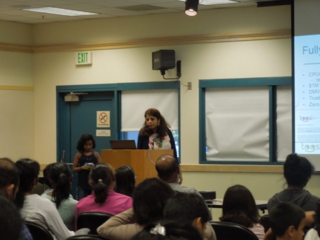 Startup entrepreneur Shoba Vishwanath, Co-founder & COO, Taagsi, inspires kids with the story of her entrepreneurship, at AlligatorZone in Fremont Main Library, California